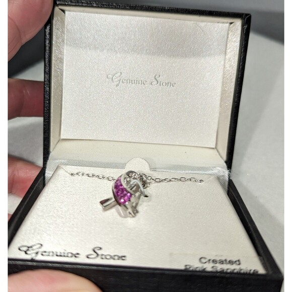 Pink Saphire Breast Cancer Charm Pin Necklace - Picture 5 of 6